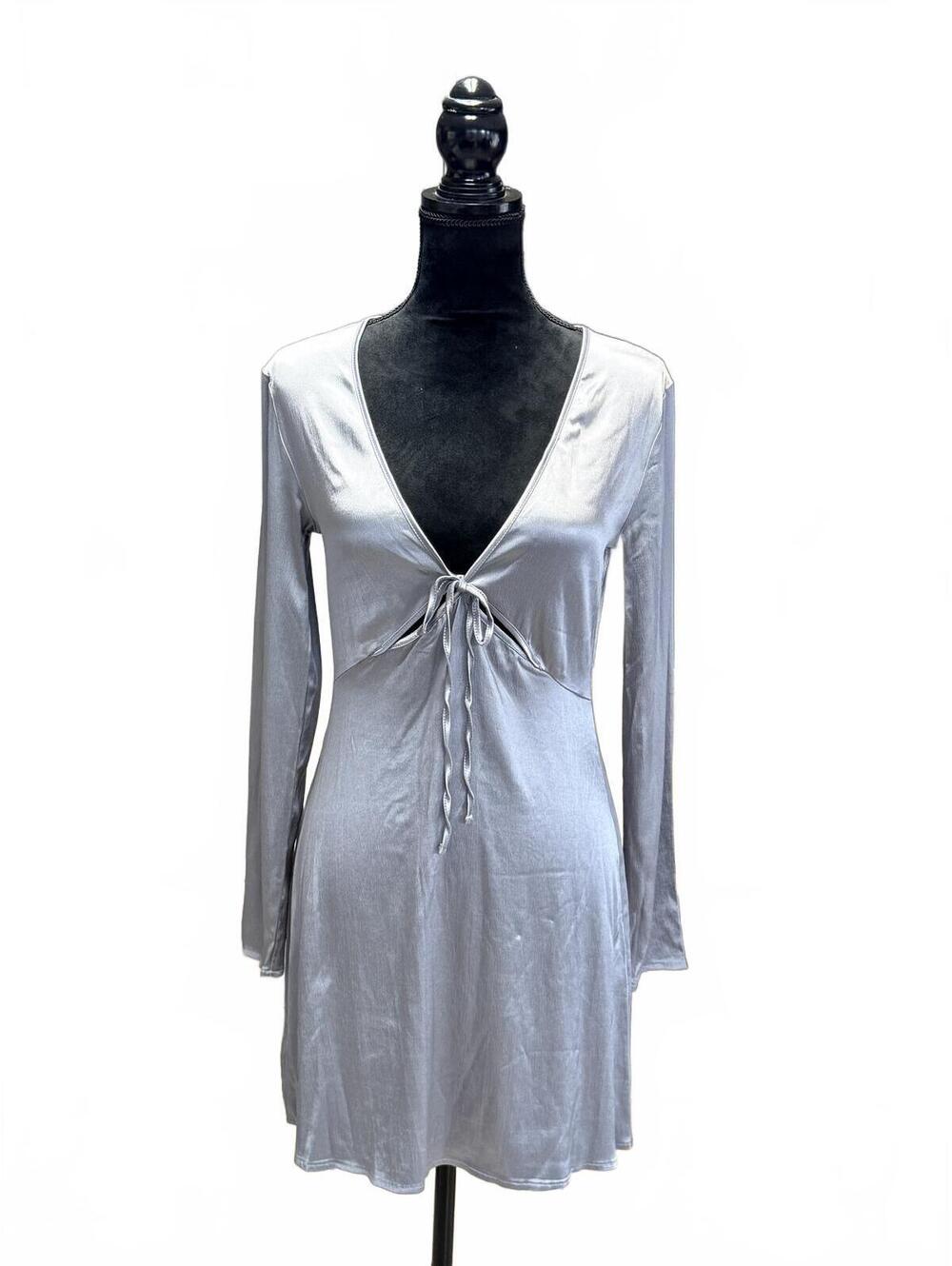 NWT Zara Silver Satin Mini Dress Tie Front V-Neck Long Sleeve Y2K  Party M